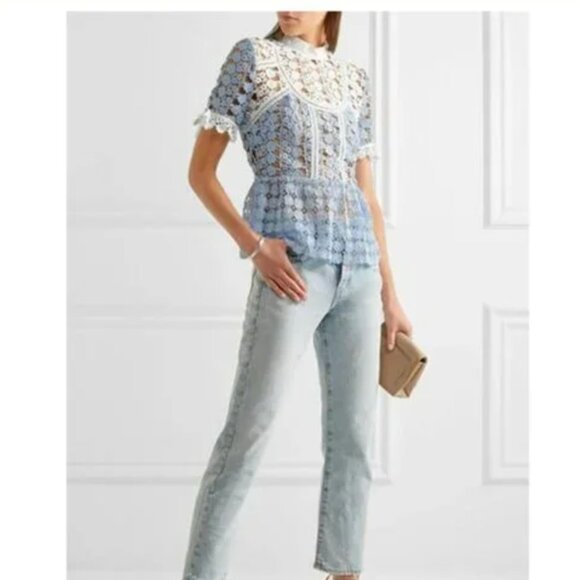 Rare SELF-PORTRAIT Petal Paneled Lace Top Blue, Size 2 - Picture 2 of 16